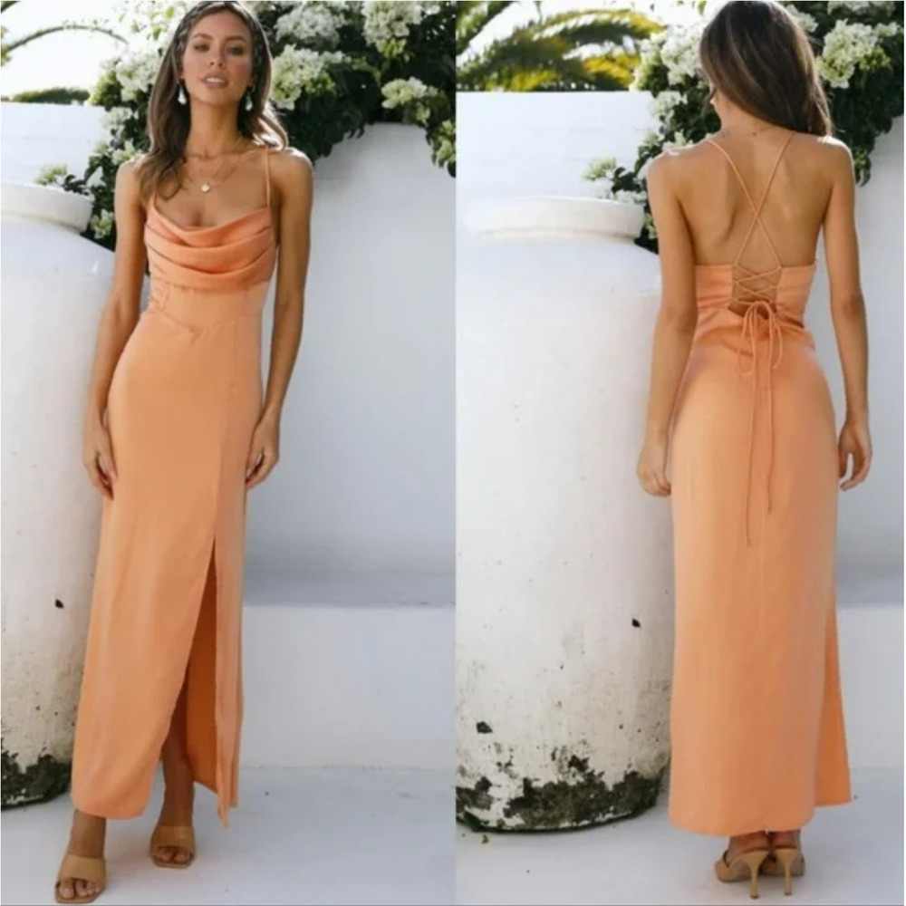 New Hello Molly Golden Thoughts Orange Satin Cowl Neck Maxi Slit Dress Size 2